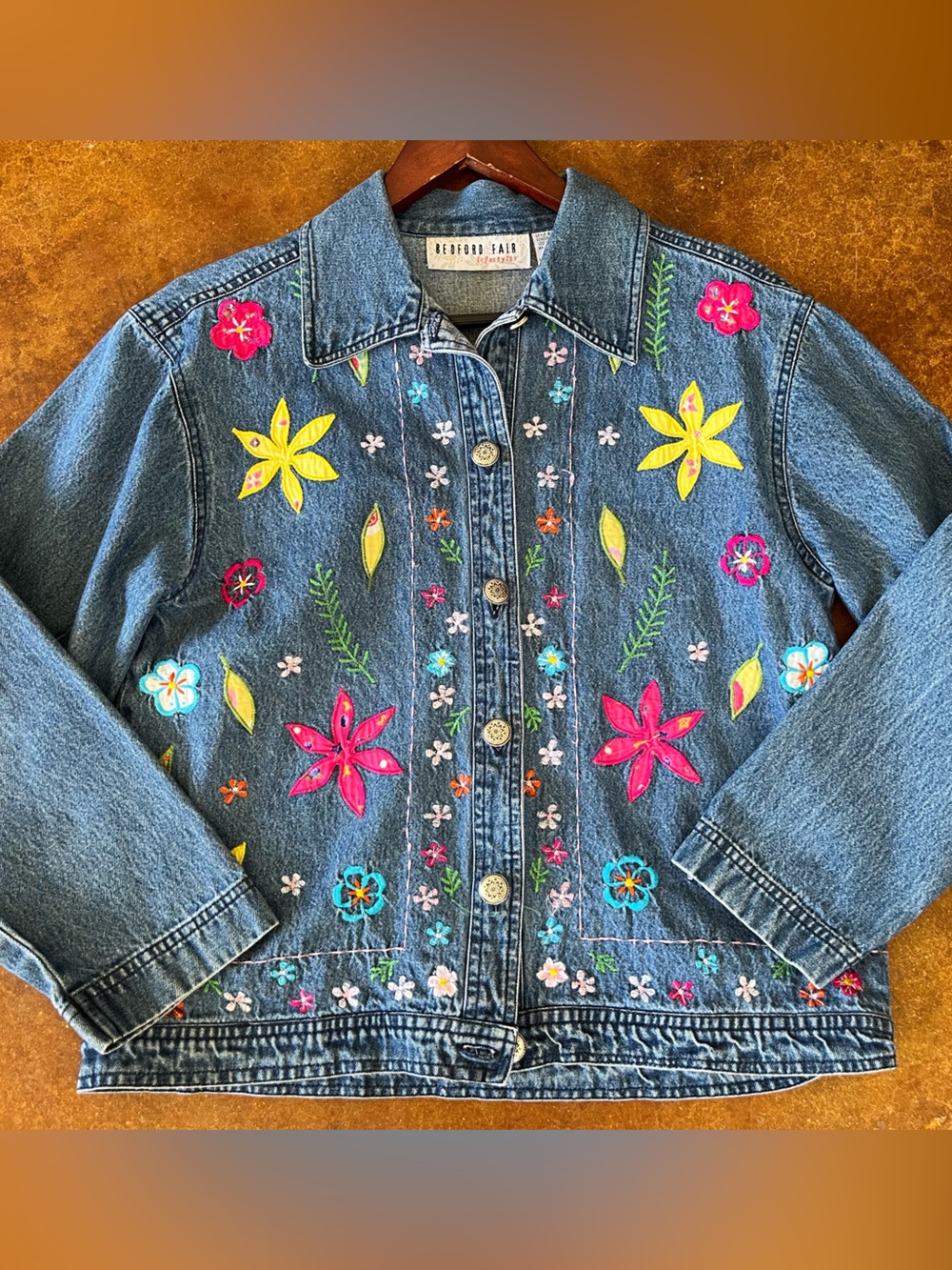 Vintage Bedford Fair Floral Embroidered Denim Jacket size medium